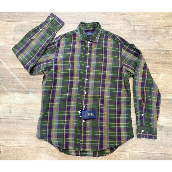 Polo Ralph Lauren Mens L Classic Plaid Linen Long Sleeve Button Up Casual Shirt - Picture 1 of 10